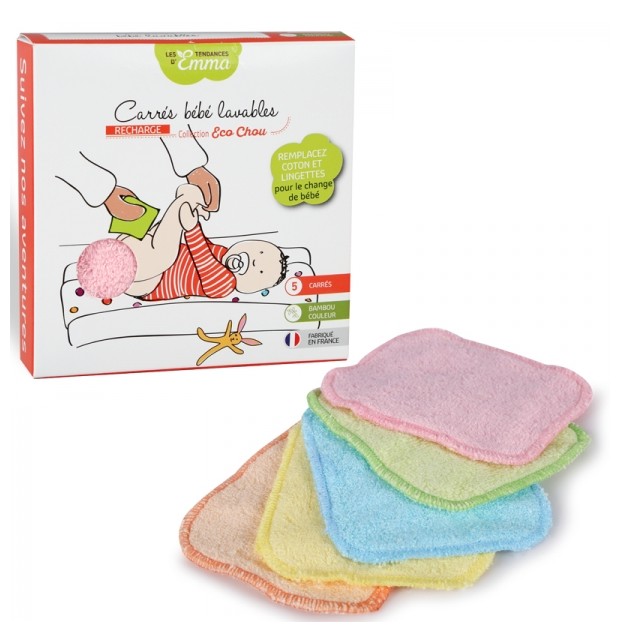 Recharge carrés bébé lavables bambou couleur - 5 carrés