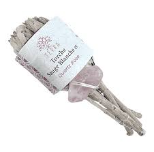 Torche Sauge Blanche Petale avec Quartz Rose