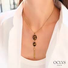 Collier Y maille serpent acier inoxydable doré résine Unami (Marron)